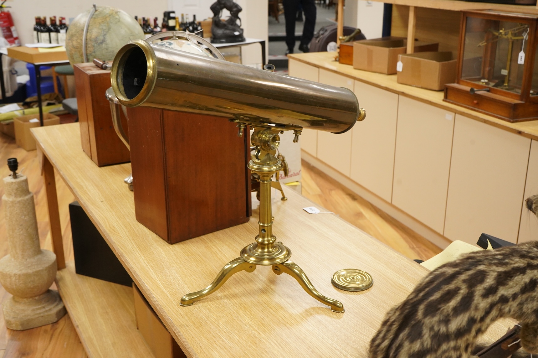 A mid 18th century brass compound monocular 4 inch diameter Gregorian reflector telescope, length 25inch, [parts of focusing mechanism modern, mirrors made in 1981 by Tony Jenner]